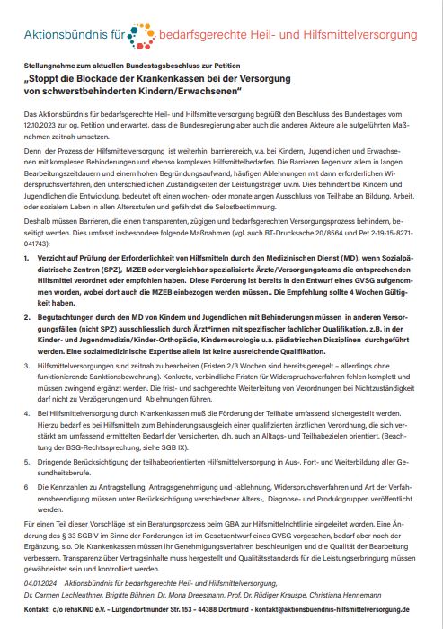 Das Aktionsbündnis fasst alle Forderungen einer gelingenden und unbürokratischen Hilfsmittelversorgung für Menschen mit Behinderung für den Bundesausschuss zusammen.
