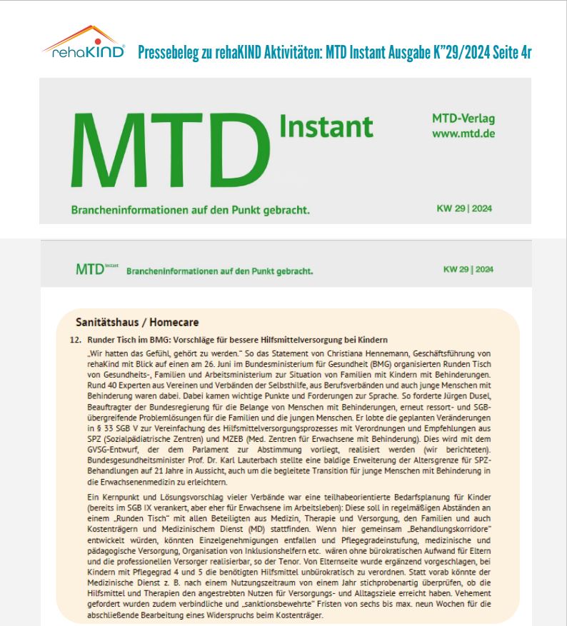 Auszug aus MTD Instand KW29-2024 zu rehaKIND Aktivität in Berlin